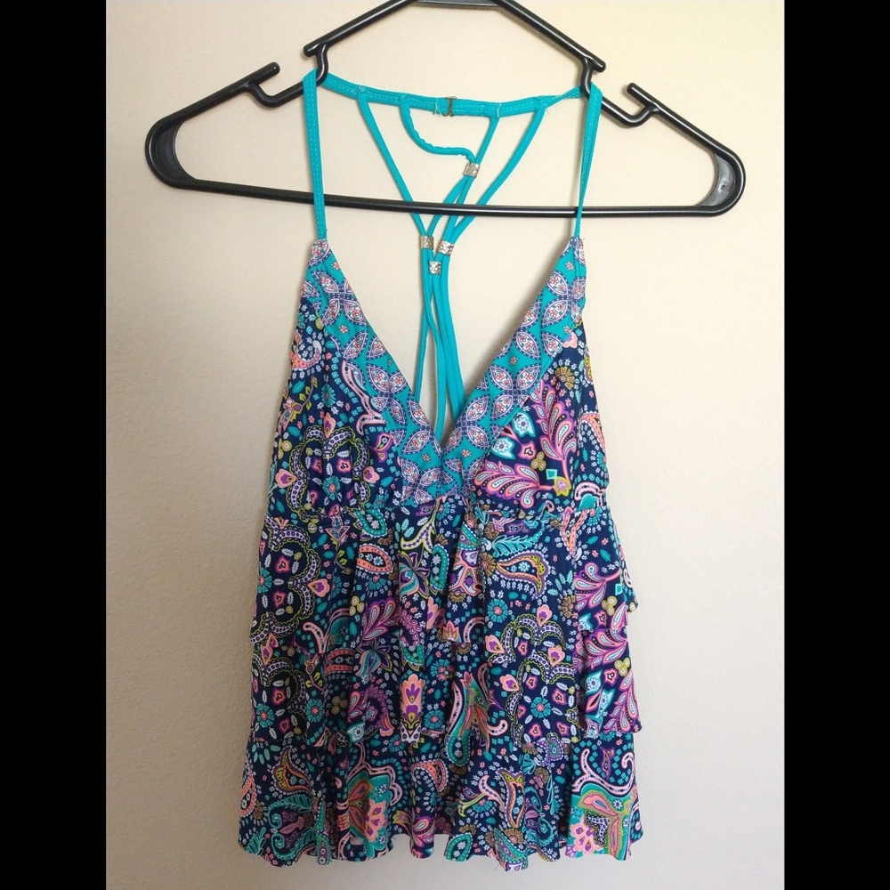 Catalina S Ruffle Layered Tankini Top Paisley Teal Swim wear